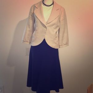Ann Taylor gold shimmer jacket, navy skirt..